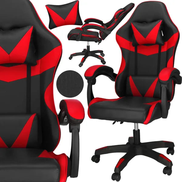 Fekete-piros ergonomikus irodai forgószék fejtámla- és derékpárnával, 120 kg