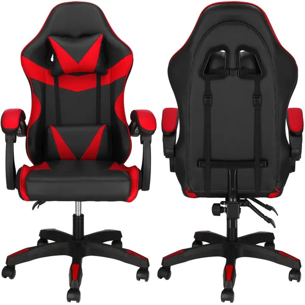 Fekete-piros ergonomikus irodai forgószék fejtámla- és derékpárnával, 120 kg