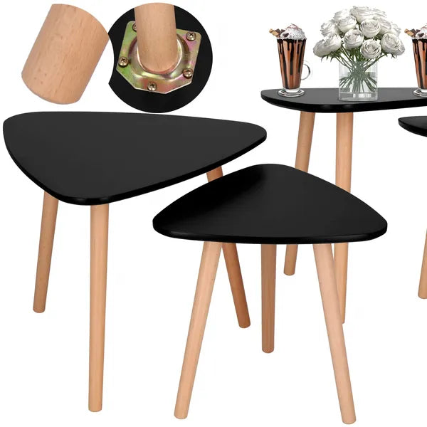 2 db skandináv háromszög dohányzóasztal szett, fekete lap, 54/41 cm