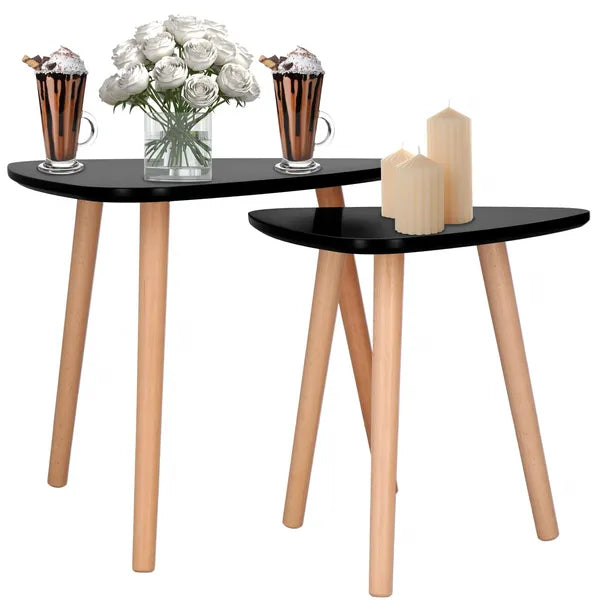 2 db skandináv háromszög dohányzóasztal szett, fekete lap, 54/41 cm