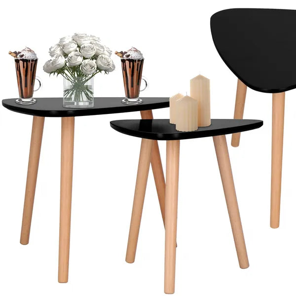 2 db skandináv háromszög dohányzóasztal szett, fekete lap, 54/41 cm