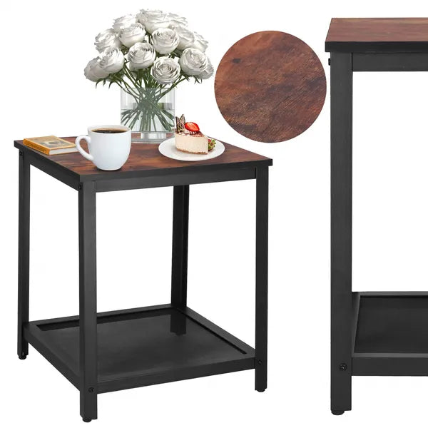 Fekete–barna fém- és laminált kávézóasztal, 55×45×45 cm, 75 kg teherbírás