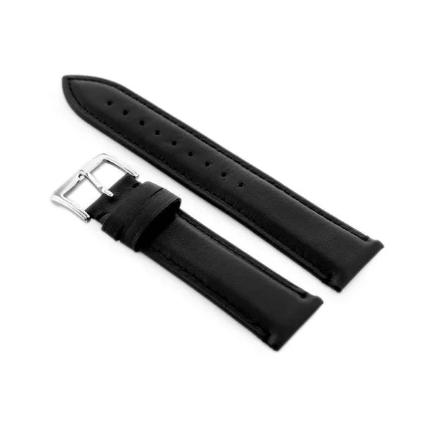 Fekete természetes bőr óraszíj, 22 mm, ezüst csat, W89