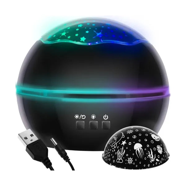 Fekete forgó éjszakai lámpa csillagos/óceáni projektorral, 4 LED szín, USB/AAA
