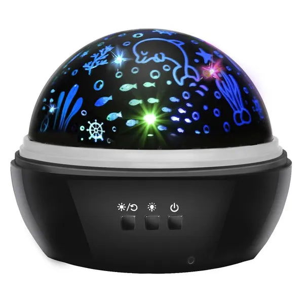 Fekete forgó éjszakai lámpa csillagos/óceáni projektorral, 4 LED szín, USB/AAA