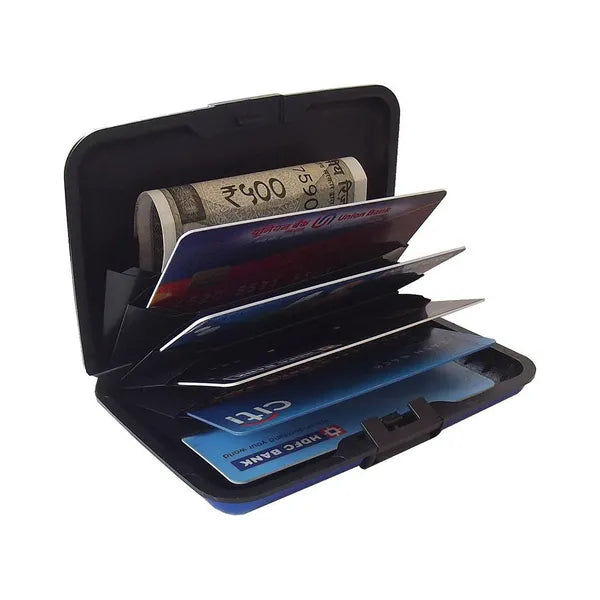 Kék RFID-blokkoló alumínium kártyatartó, 6 rekesszel, 11×7,5 cm