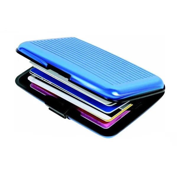 Kék RFID-blokkoló alumínium kártyatartó, 6 rekesszel, 11×7,5 cm