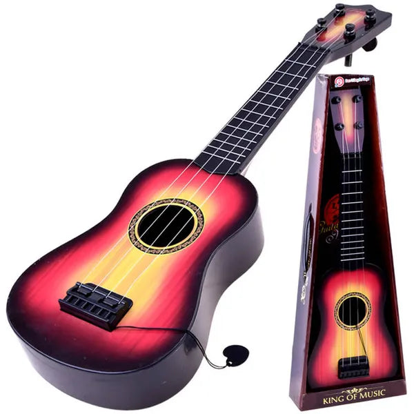 Gyerek műanyag játékgitár 54 cm-es, 4 fém húros, fa hatással