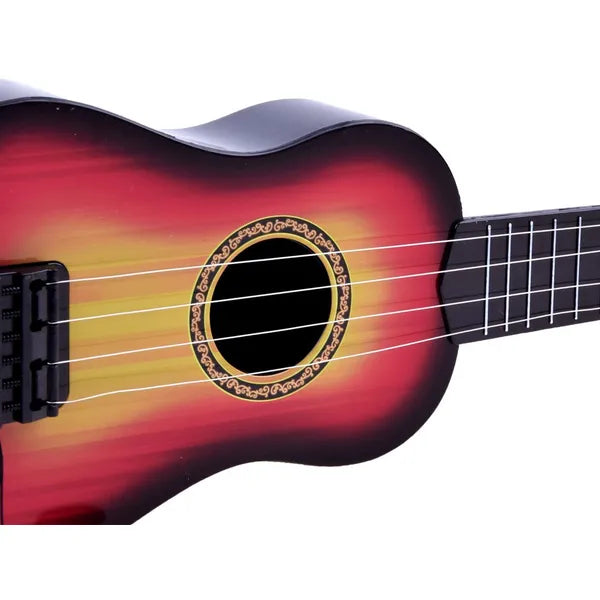 Gyerek műanyag játékgitár 54 cm-es, 4 fém húros, fa hatással