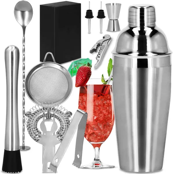 11 részes rozsdamentes acél koktélkészlet, shaker 750 ml, bambusz állvánnyal