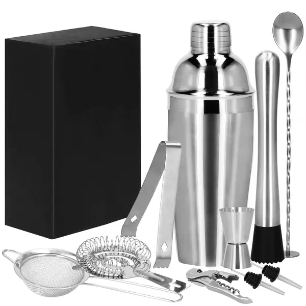 11 részes rozsdamentes acél koktélkészlet, shaker 750 ml, bambusz állvánnyal
