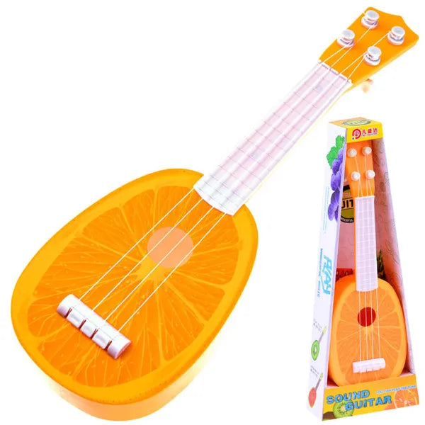 Gyerek műanyag ukulele, gyümölcs mintával, 37 cm, 4 húrral