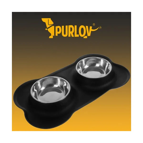 Dupla rozsdamentes acél etetőtál szilikon alátéton, 2×450 ml