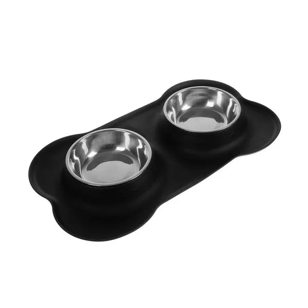 Dupla rozsdamentes acél etetőtál szilikon alátéton, 2×450 ml