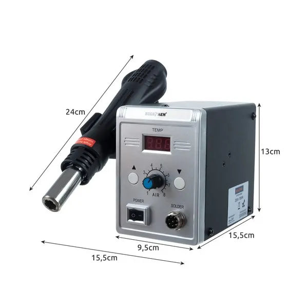 Légfúvós forrasztóállomás 700 W, 100-500 °C, LCD kijelző, 3 fúvóka