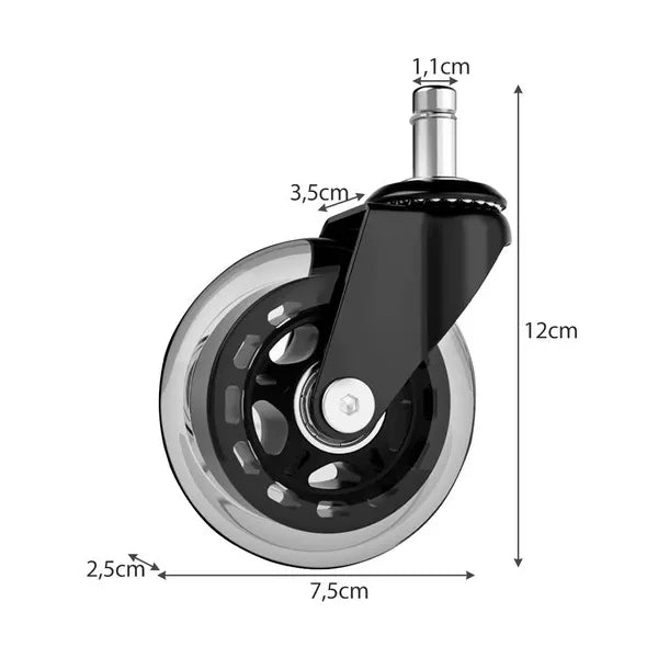 Csendes gumis szék görgő szett 5 db, 11 mm tüske, 75 mm kerék