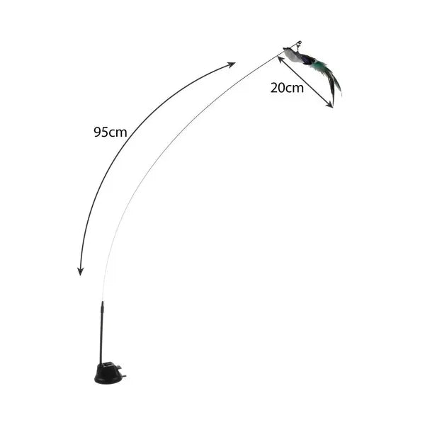 Macskajáték horgászbot tapadókoronggal, madár és csengő, 95 cm