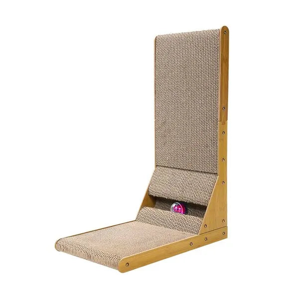 Sarok macskakaparó alagúttal és labdával, karton+MDF, 60×40,5×25 cm, barna