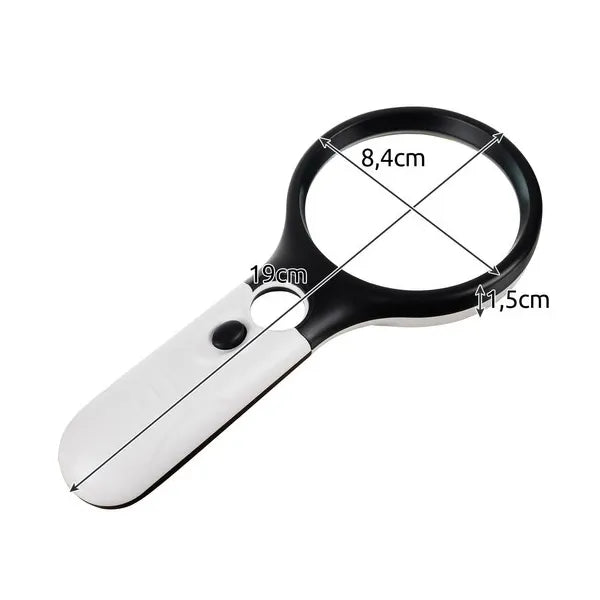 LED megvilágítású kézi nagyító 3×/8×, 70 mm lencsével, ergonomikus