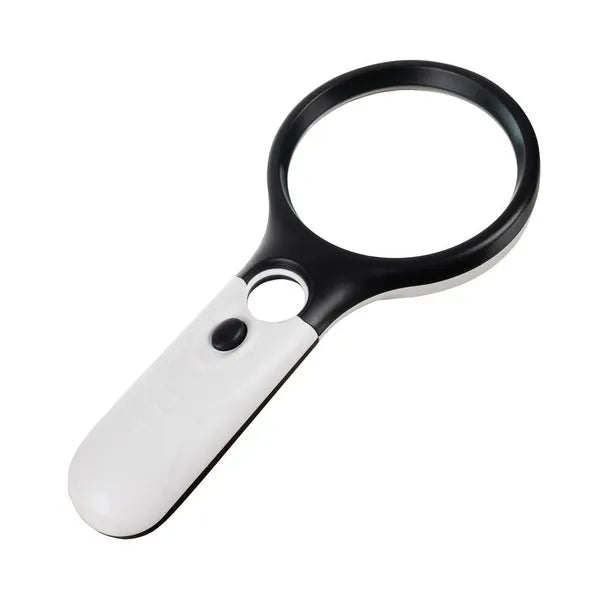 LED megvilágítású kézi nagyító 3×/8×, 70 mm lencsével, ergonomikus