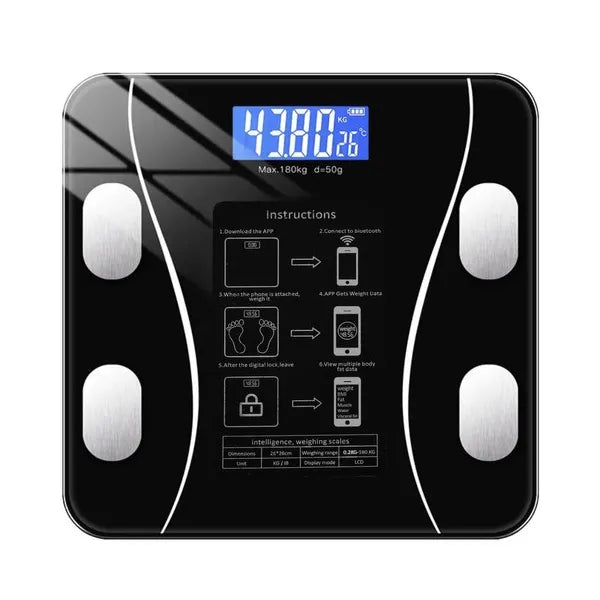 Okos LCD fürdőszobai mérleg 8-az-1-ben analitikus, Bluetooth, 180 kg, fekete