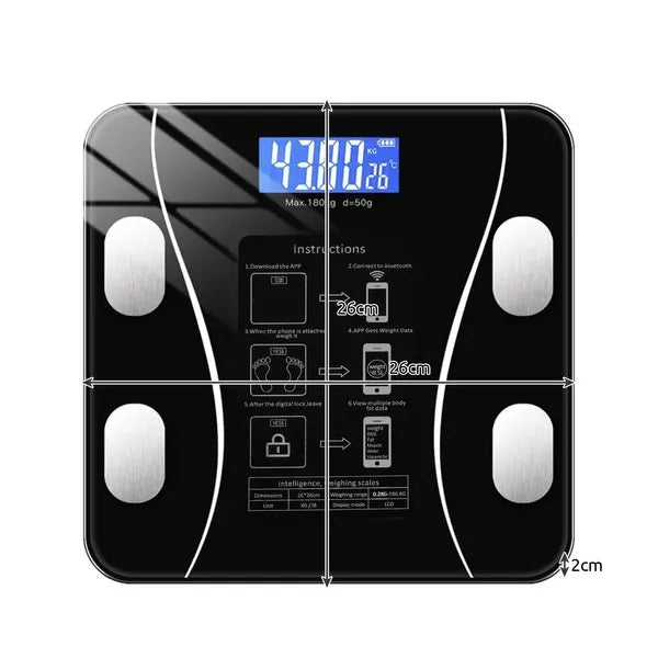 Okos LCD fürdőszobai mérleg 8-az-1-ben analitikus, Bluetooth, 180 kg, fekete