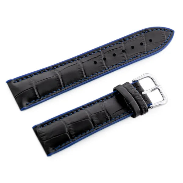 Fekete gumiból készült, bőrborítású óraszíj ezüst csattal, 22 mm