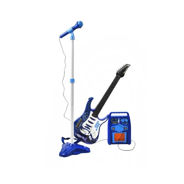 Gyerek elektromos gitár erősítővel, mikrofonnal és LED fényekkel, kék