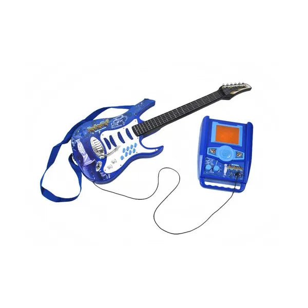 Gyerek elektromos gitár erősítővel, mikrofonnal és LED fényekkel, kék