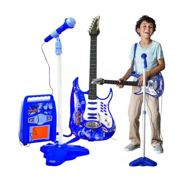 Gyerek elektromos gitár erősítővel, mikrofonnal és LED fényekkel, kék