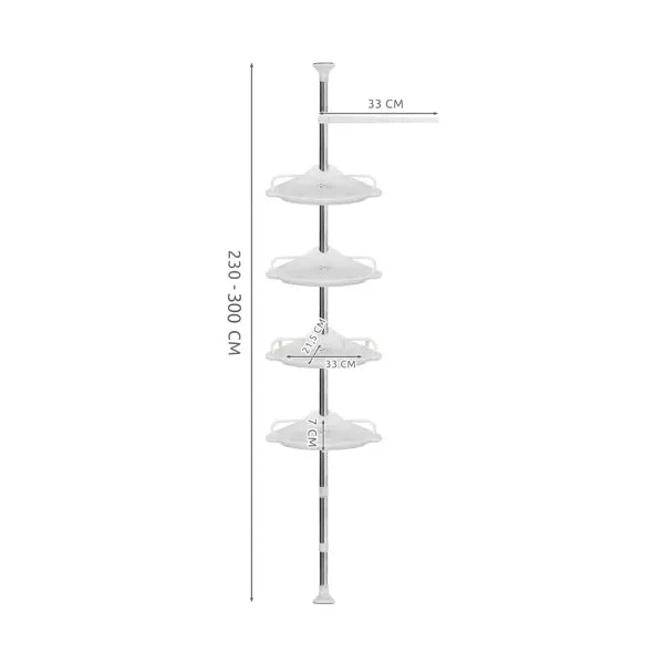 Sarok zuhanypolc, teleszkópos rúddal 230-300 cm, 4 műanyag polc