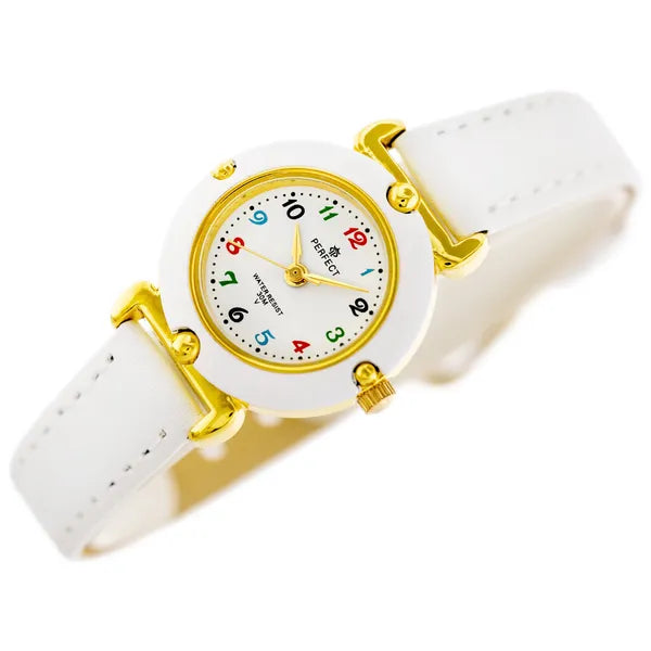 Gyerek kvarc karóra színes számokkal, fehér bőrszíj, 26 mm tok, WR30