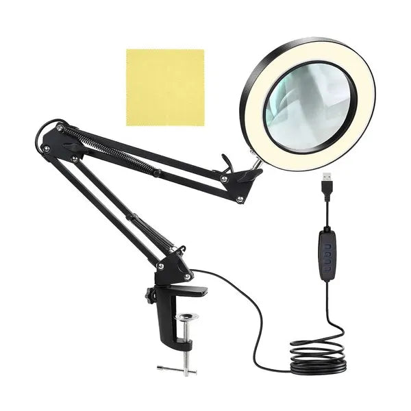 Fekete LED-es asztali nagyítólámpa, 3× üveg lencse, USB, csíptetős
