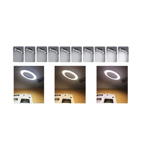 Fekete LED-es asztali nagyítólámpa, 3× üveg lencse, USB, csíptetős