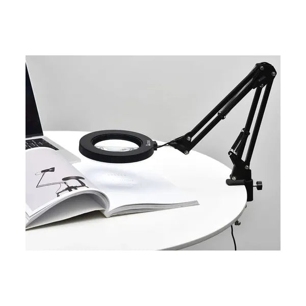 Fekete LED-es asztali nagyítólámpa, 3× üveg lencse, USB, csíptetős