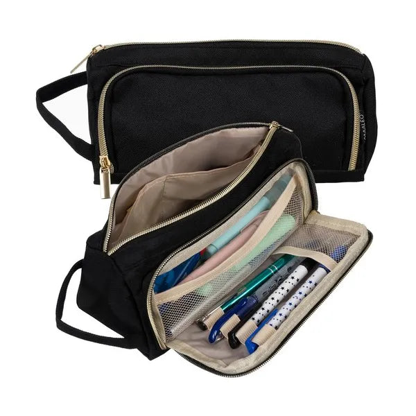 Fekete, bővíthető dupla tolltartó Oxford anyagból, 22×9×8 cm