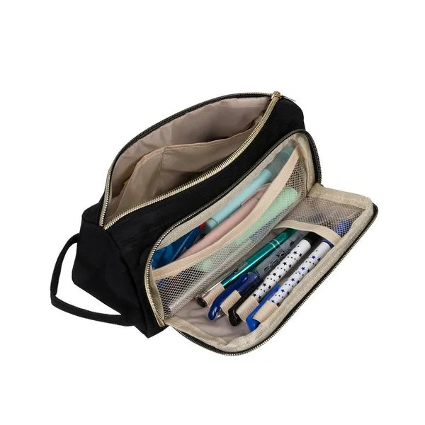 Fekete, bővíthető dupla tolltartó Oxford anyagból, 22×9×8 cm