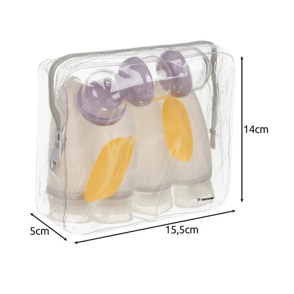 Átlátszó utazó kozmetikai táska készlet, 4×100 ml palack, 3×20 ml tégely