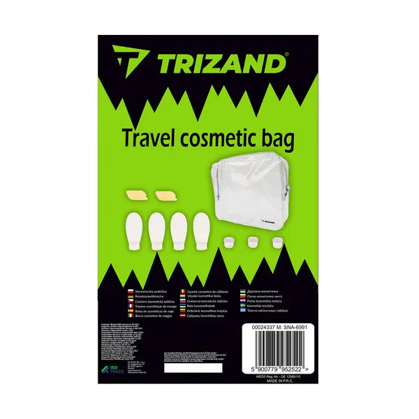 Átlátszó utazó kozmetikai táska készlet, 4×100 ml palack, 3×20 ml tégely