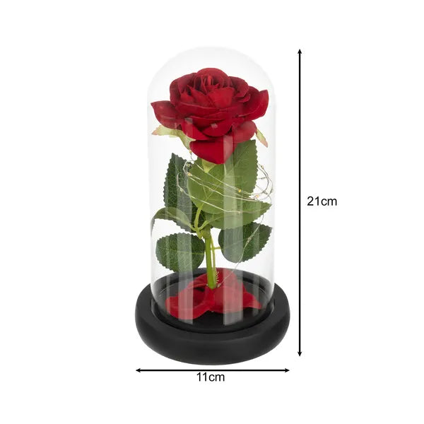 Örök rózsa üveg búrában, meleg fehér LED fényekkel, fekete díszdoboz
