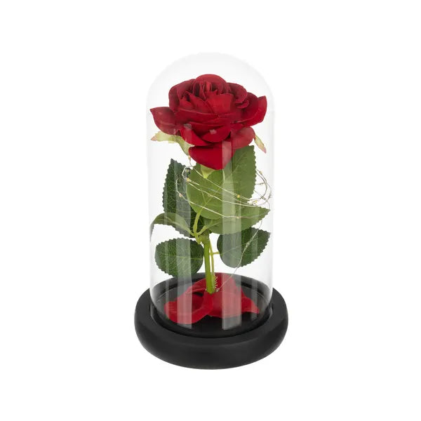 Örök rózsa üveg búrában, meleg fehér LED fényekkel, fekete díszdoboz