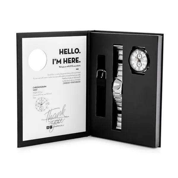 Daniel Klein férfi kronográf karóra ajándék szett, 42 mm fehér számlap