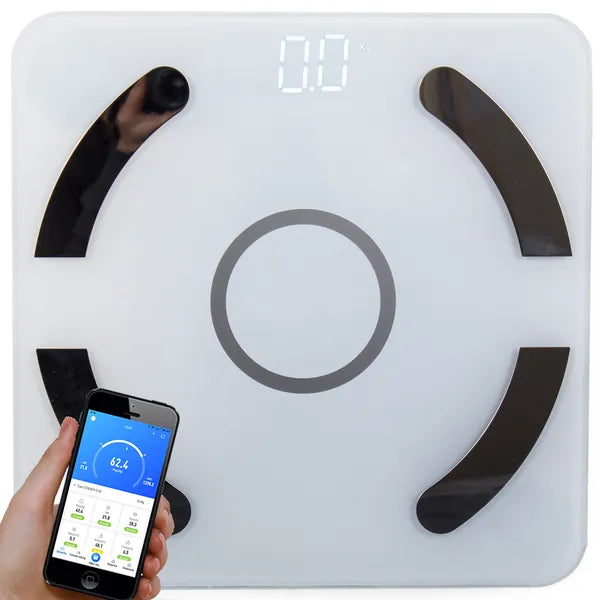 Okos fürdőszobai testanalízis mérleg Bluetooth, 180 kg, USB, üveg