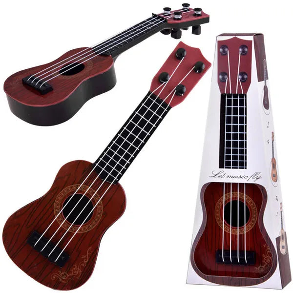 Gyerek mini ukulele, 25,5 cm, 4 nylon húr, fa hatású műanyag, 18 hó+