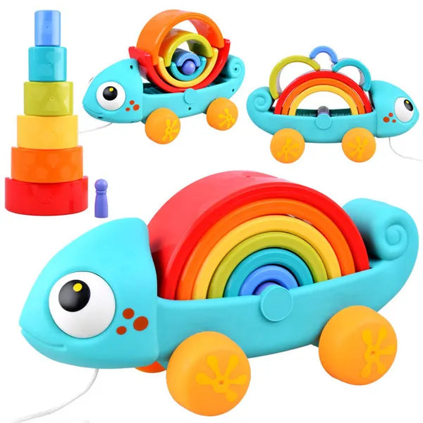 Szivárvány kaméleon húzható Montessori piramis építőjáték, 28 cm