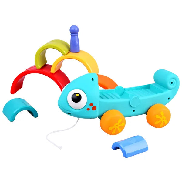 Szivárvány kaméleon húzható Montessori piramis építőjáték, 28 cm