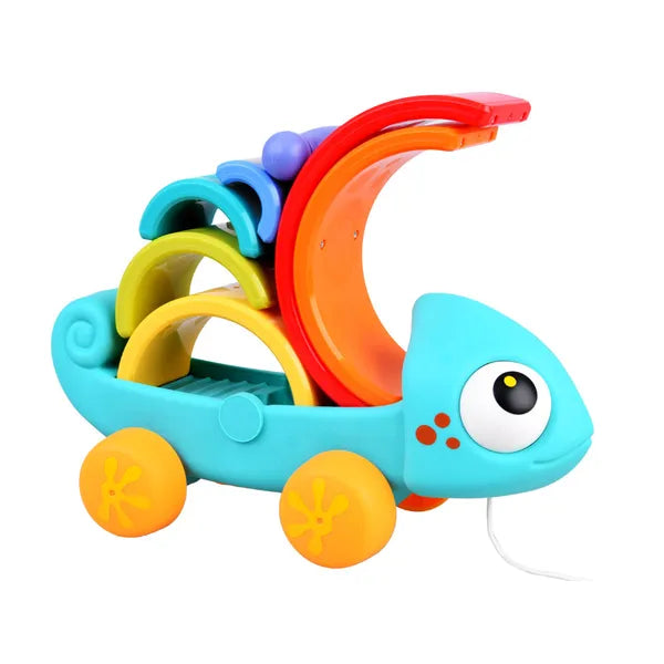 Szivárvány kaméleon húzható Montessori piramis építőjáték, 28 cm