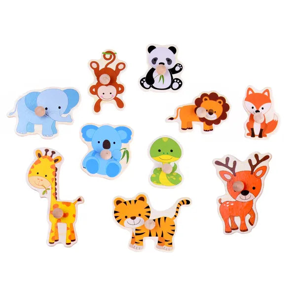 Állatos fa puzzle fogantyúkkal, 10 darabos Montessori