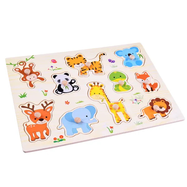 Állatos fa puzzle fogantyúkkal, 10 darabos Montessori