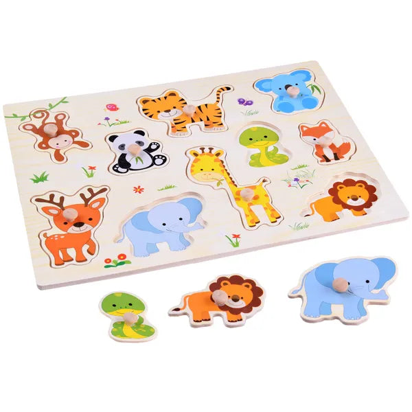 Állatos fa puzzle fogantyúkkal, 10 darabos Montessori